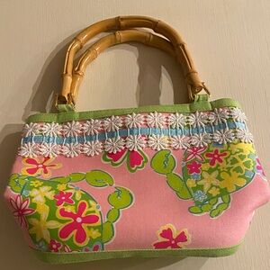 Lilly Pulitzer Vintage Pink and Green Crabs/Floral Tote with Bamboo Handles